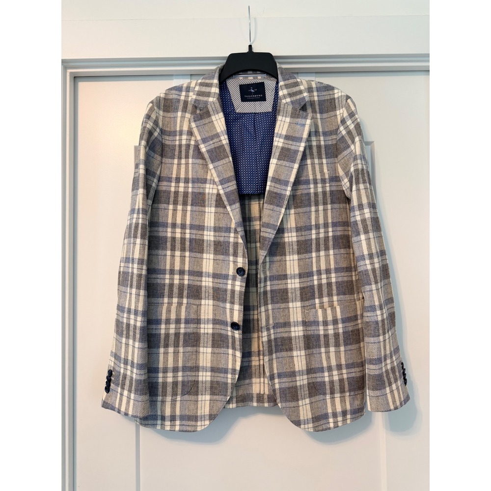 Tailorbyrd Mens Blue Plaid Linen Cotton Blend Sport Coat Suit Jacket Blazer 40R